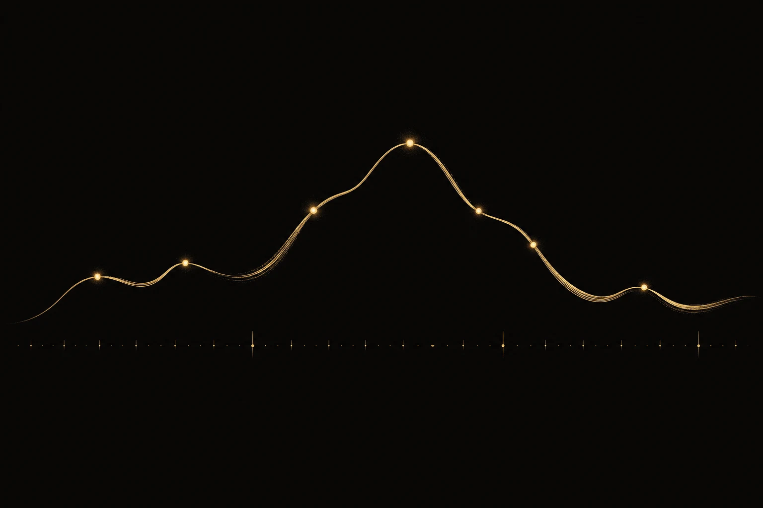 An abstract gold alaap pitch curve rising and falling against a black field, with luminous swara markers along its length and a faint row of taal beats beneath.