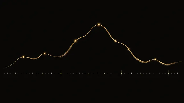 An abstract gold alaap pitch curve rising and falling against a black field, with luminous swara markers along its length and a faint row of taal beats beneath.