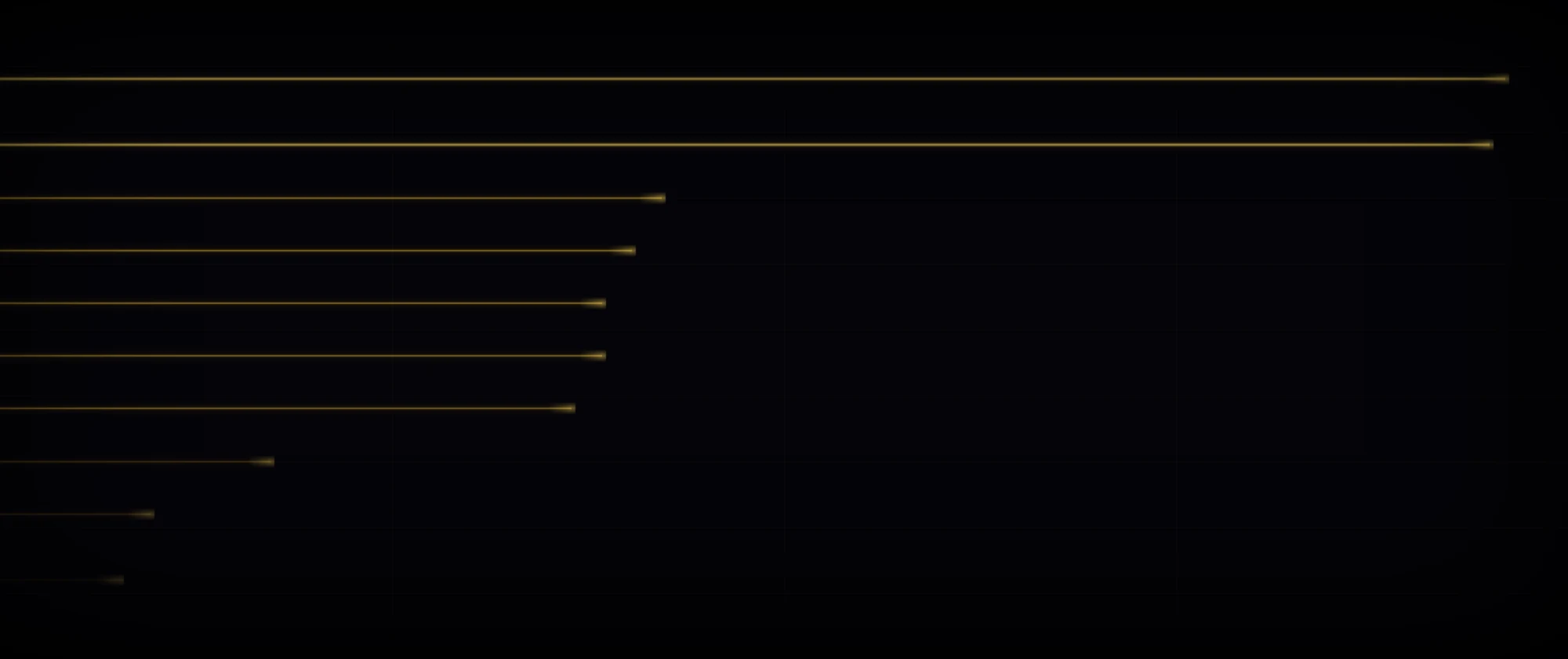 Ten golden threads of varying thickness race across a dark field from left to right — the fastest arriving first, the slowest still in motion — against a background of faint scoring marks.